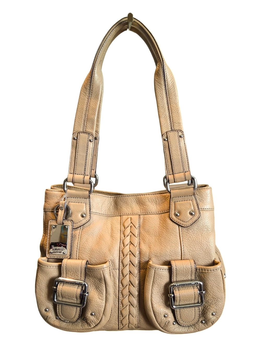 Tignanello Camel/Tan Pebbled Leather Shoulder Bag - Buckle Accents and Pockets